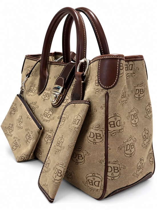 Dooney & Bourke Handbags - Dooney & Bourke Beige Monogram Tote with Dark Brown Leather Trim